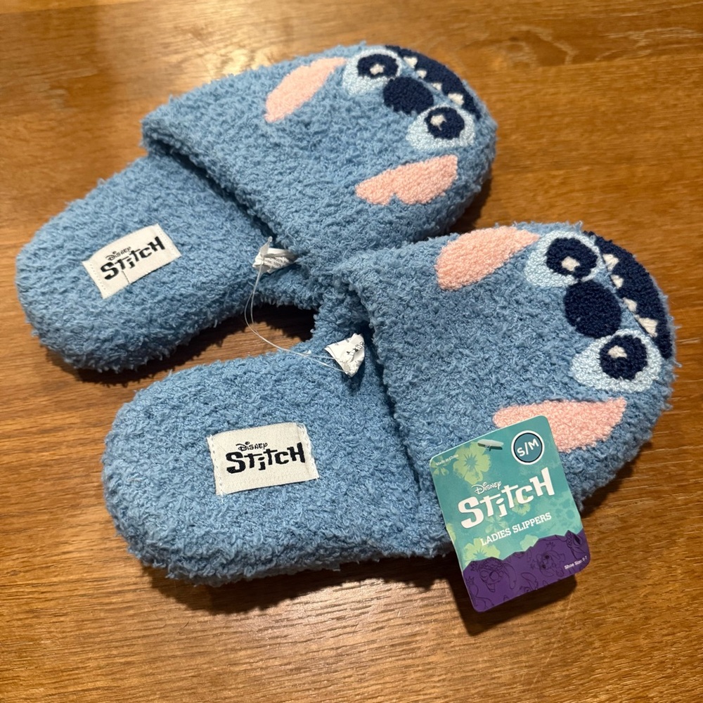 Disney Stitch Blue Fuzzy Slippers S/M